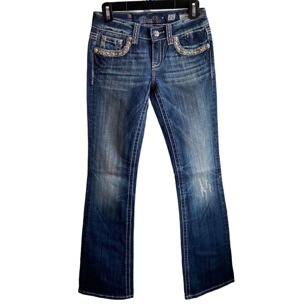 Miss Me Jeans Women's Size 26 boot cut Denim Embellished trim flap‎ Pockets